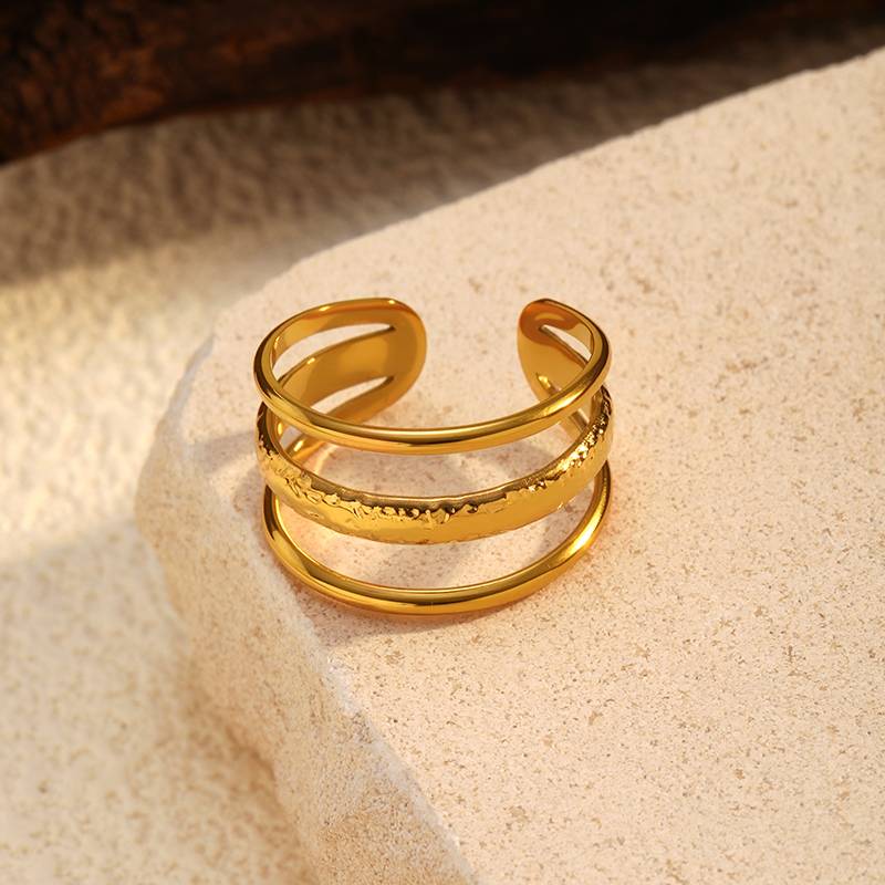 Gold Multi Layer Stainless Steel Adjustable Open Ring for Women