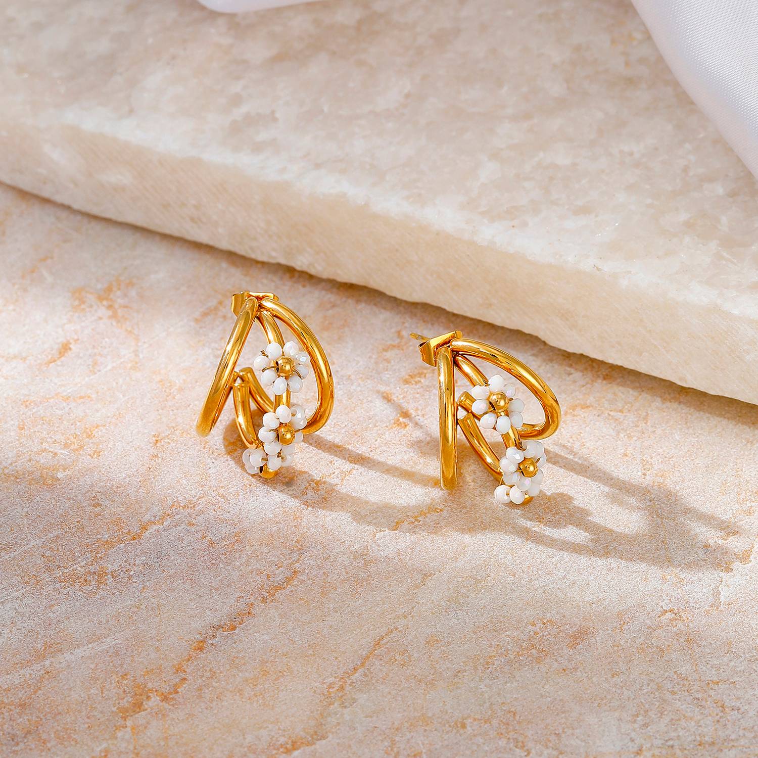 Lonceen Gold Plated Stainless Steel Multi-Layer Beaded Hoop Earrings – Minimalist Dainty Jewelry