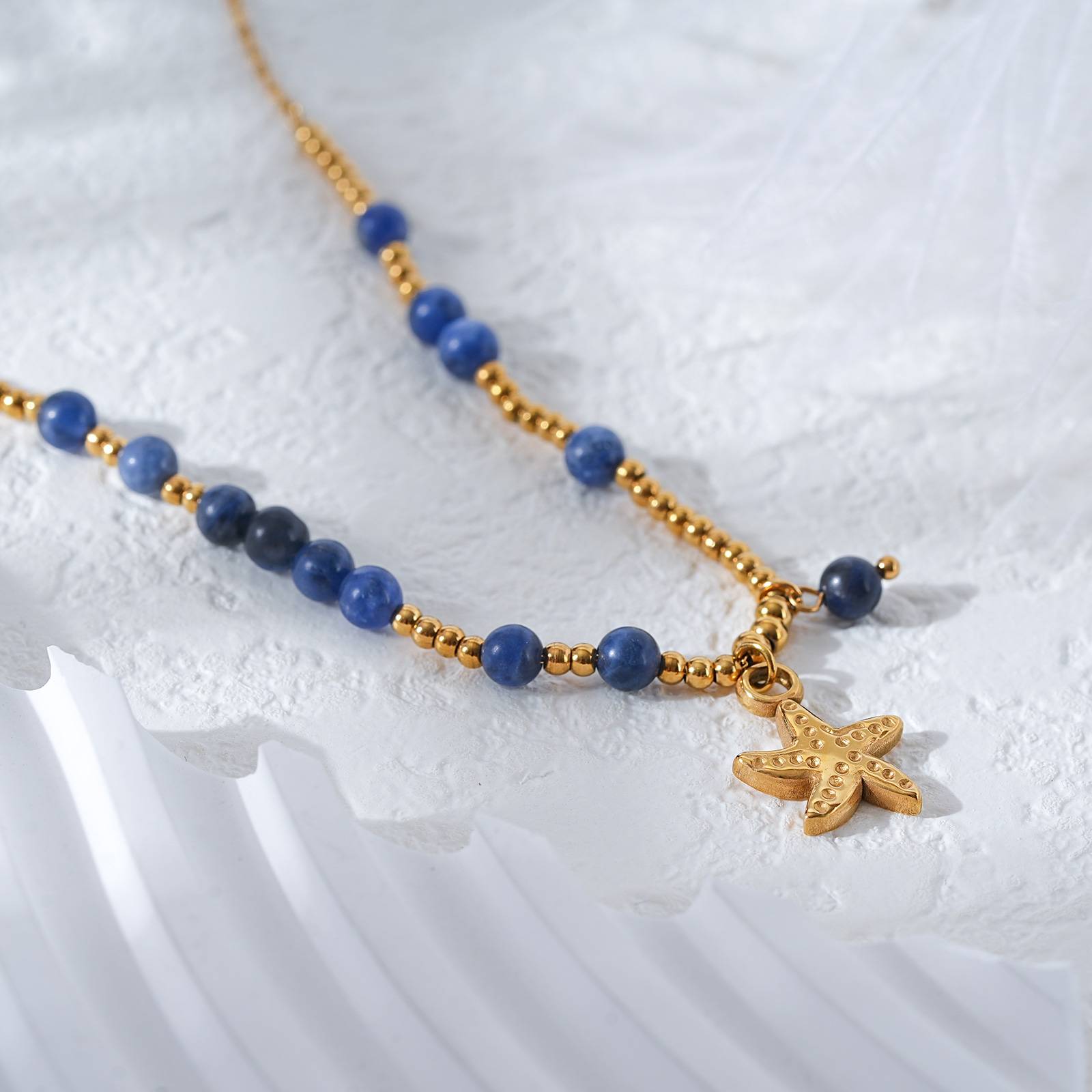 Stainless Steel Necklace with Blue Patterned Beads