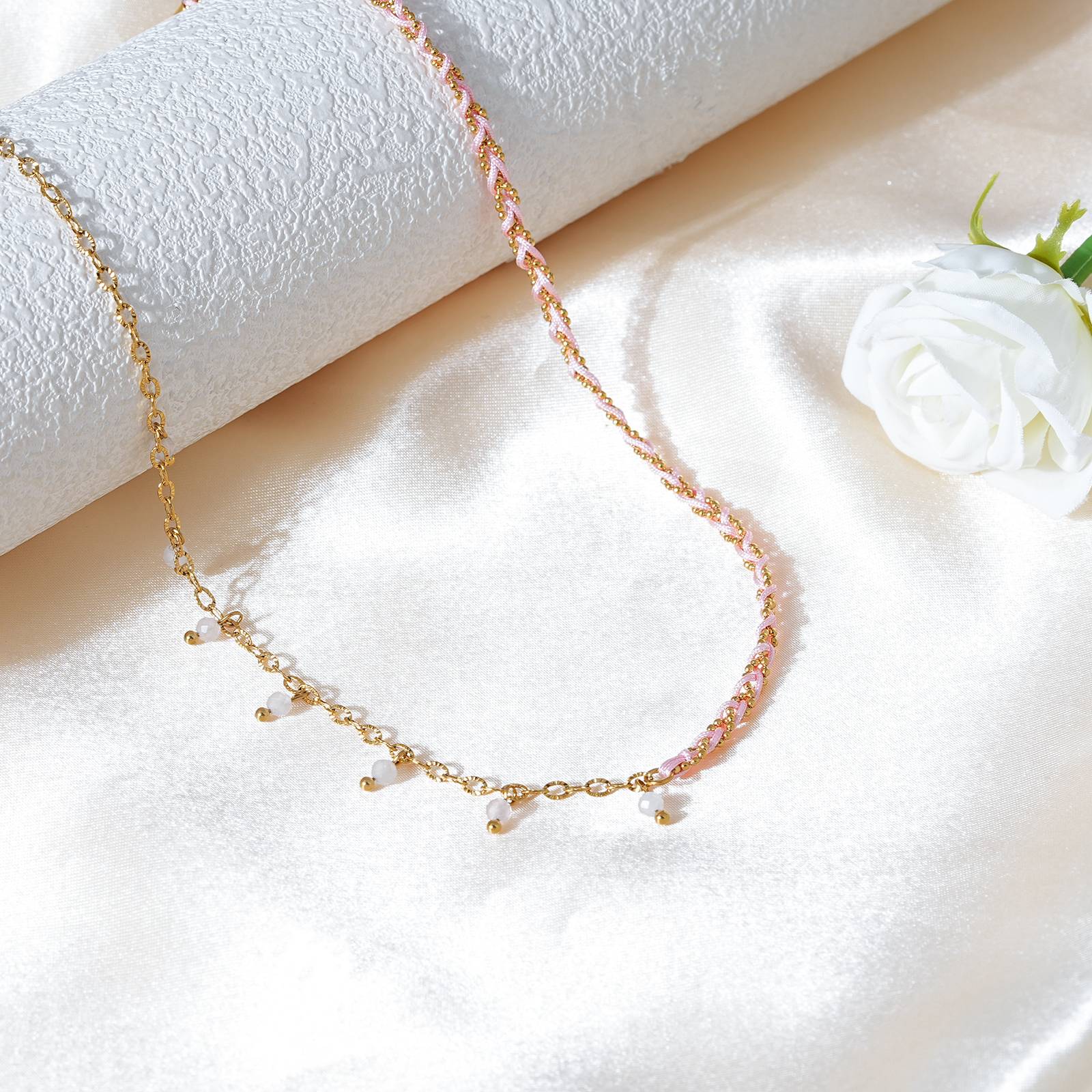 Stainless Steel Necklace with Rose Quartz Beads