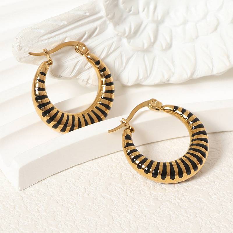 Gold Stainless Steel Earrings White Enamel Hoop
