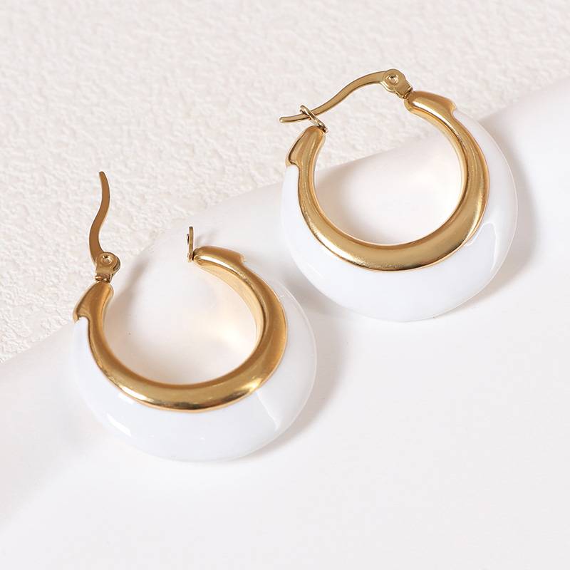 Lonceen Stainless Steel Earrings White Enamel Hoop