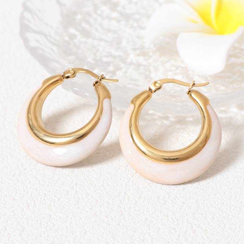 Lonceen Stainless Steel Earrings Pearl White Hoop