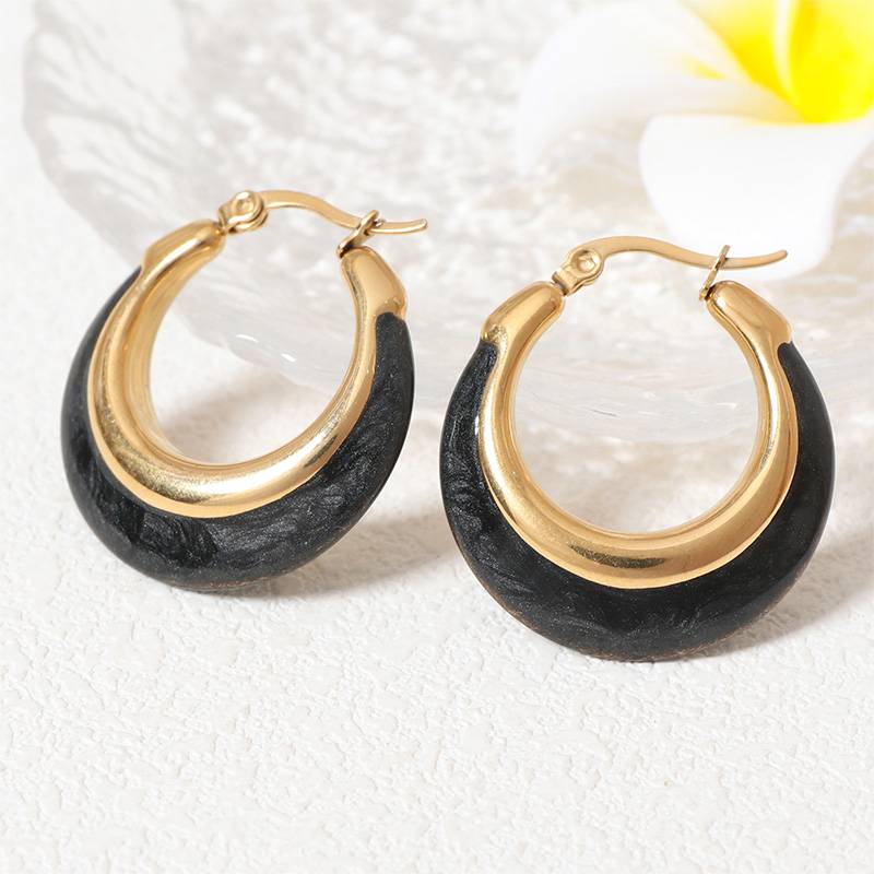 Lonceen Stainless Steel Earrings Pearl Black Hoop