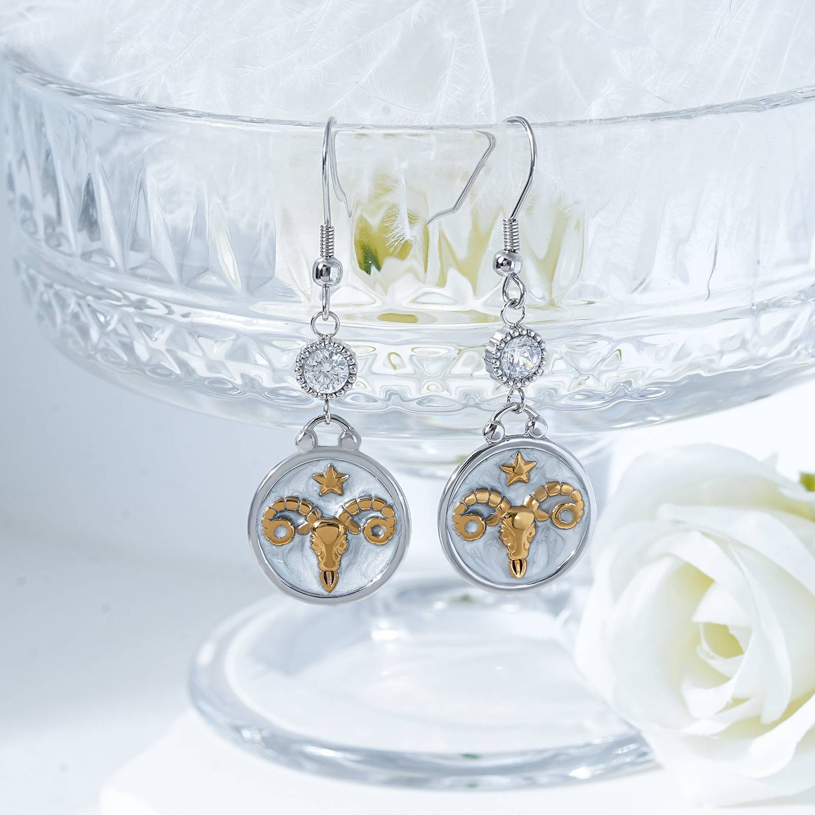 Lonceen Stainless Steel Aries Earrings with CZ Pearl
