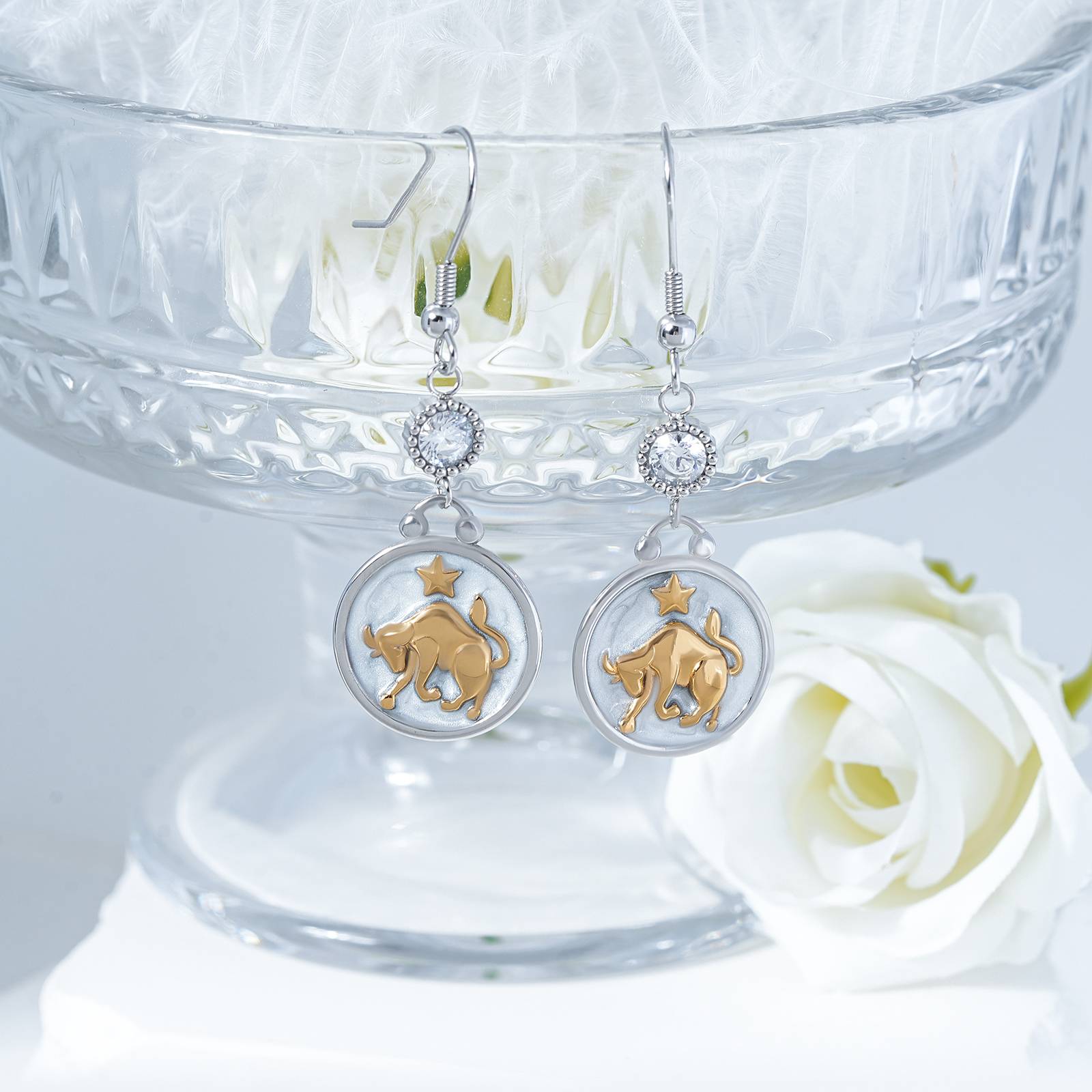 Lonceen Stainless Steel Taurus Earrings with CZ Pearl