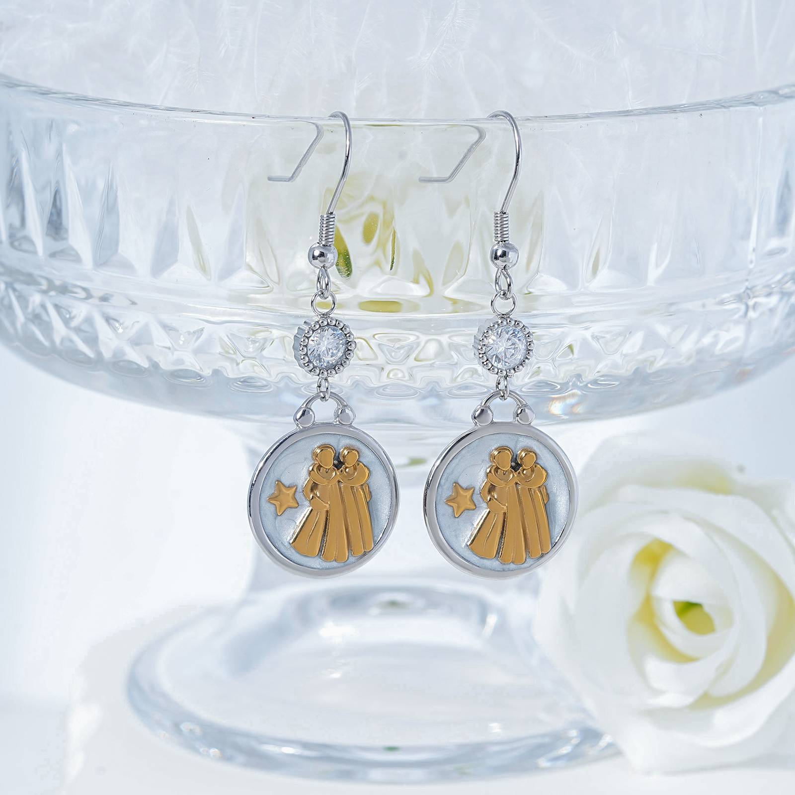 Lonceen Stainless Steel Gemini Earrings with CZ Pearl