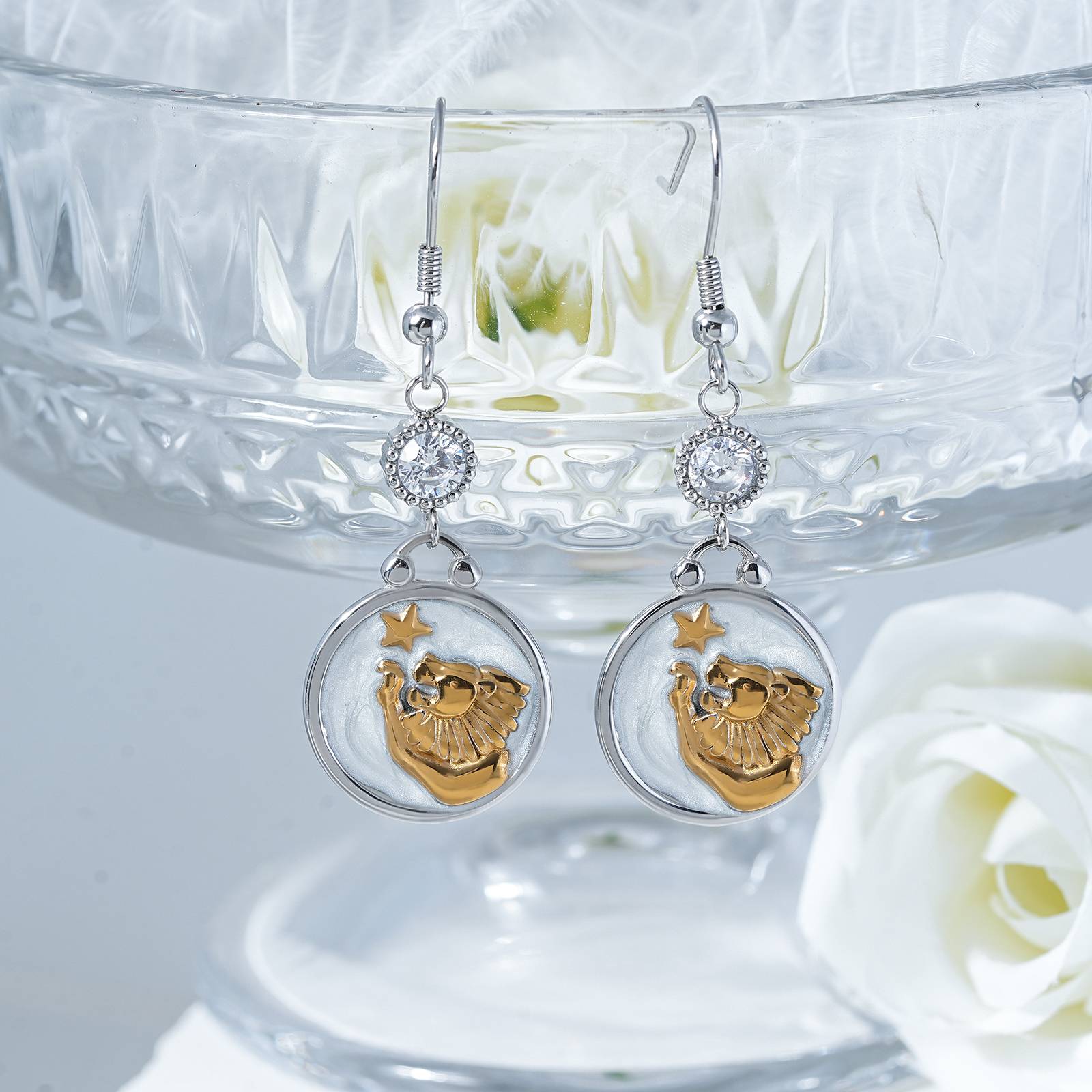 Lonceen Stainless Steel Leo Earrings with CZ Pearl