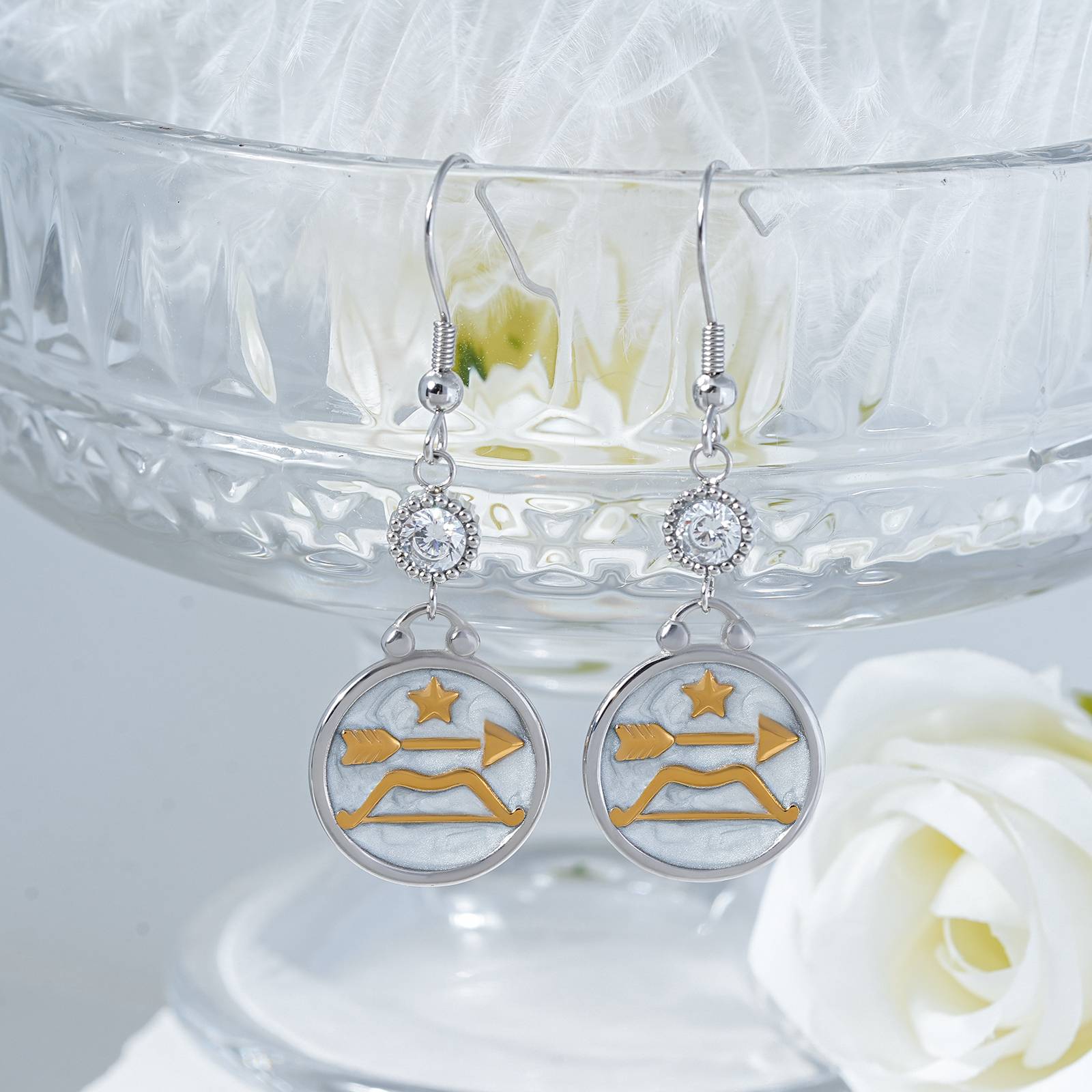 Lonceen Stainless Steel Sagittarius Earrings with CZ Pearl