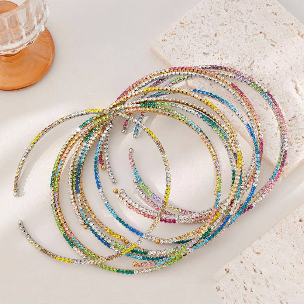 18k Gold Stainless Steel Tennis Chain with Colored Ice Cubes, Non-Oxidized Zircon, Open Elastic Design, Women's Fashion Jewelry Necklace