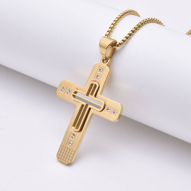 Small zircon religious Christian jewelry 18k gold diamond stainless steel cross necklace for men