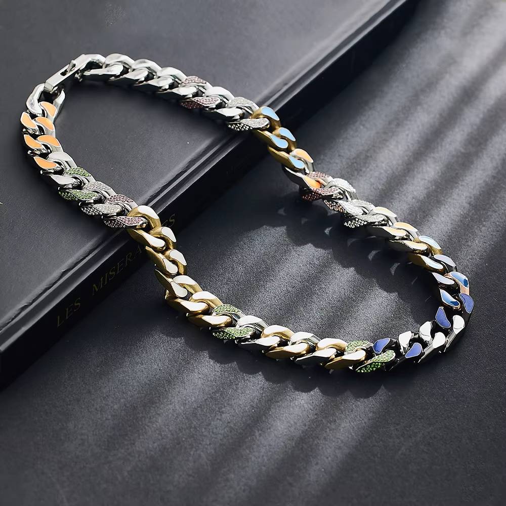 Stainless Steel Zircon Hip-hop Collar Colorful Fashion Jewelry Men's Necklace