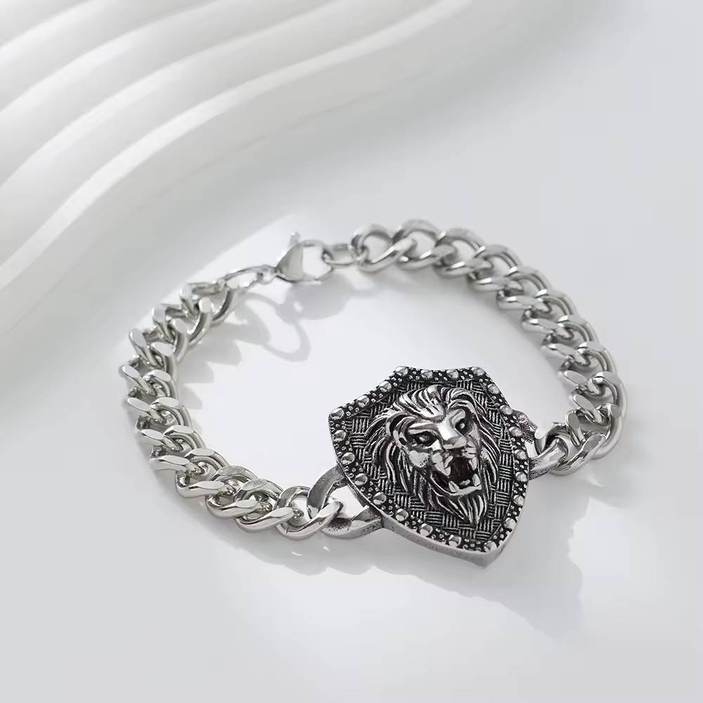 Hip Hop Punk Stainless Steel Cuban Lion Head Fashion Men's Chain Bracelet