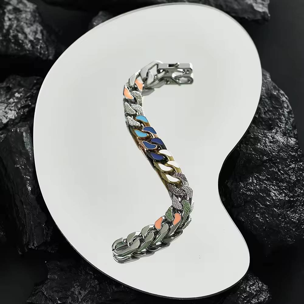 Men's stainless steel zircon bracelet, hip-hop style, colorful fashion accessories