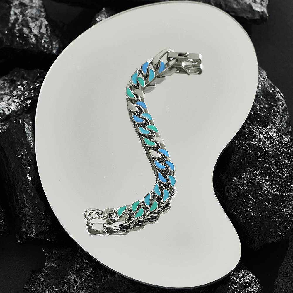 Stainless Steel Cuban Chain Silver-Plated Colorful Retro HipHop Fashion Jewelry Men's Bracelet