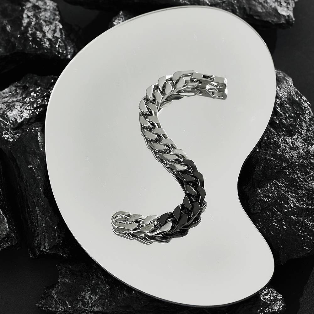 Stainless steel Cuban chain, silver-plated, black, retro, custom-made HipHop fashion jewelry, men's bracelet