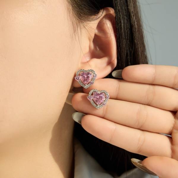 Lonceen 925 Silver 18K-Plated Pink Zircon Heart Stud Earrings
