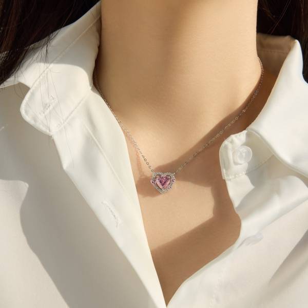 Lonceen 925 Silver 18K-Plated Pink Zircon Heart Halo Silver Chain Necklace