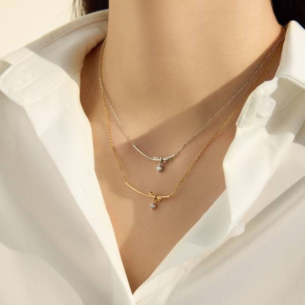 Lonceen 925 Silver 18K-Plated Bow Zircon Layered Silver Chain Necklace