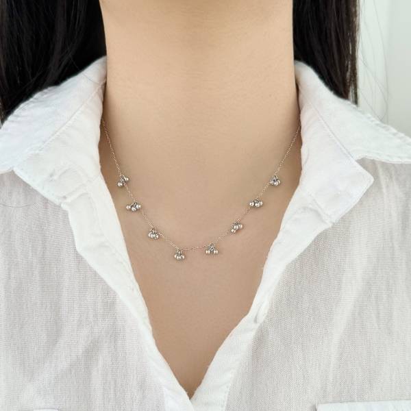 Lonceen 925 Silver Beaded Cluster Silver Chain Necklace